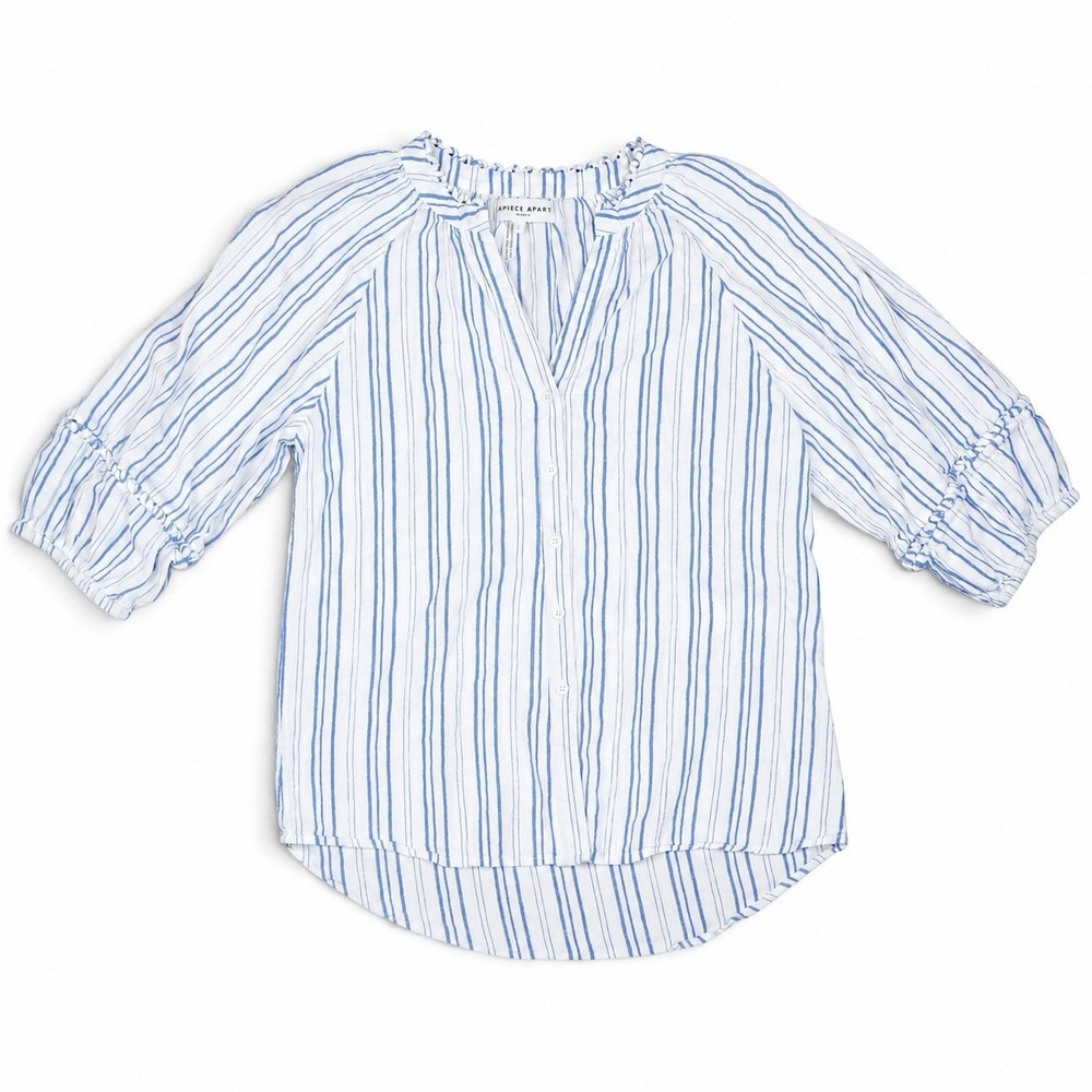 Apiece Apart Mitte Top S Blue White Striped Cotton Balloon Sleeve Coastal Blouse